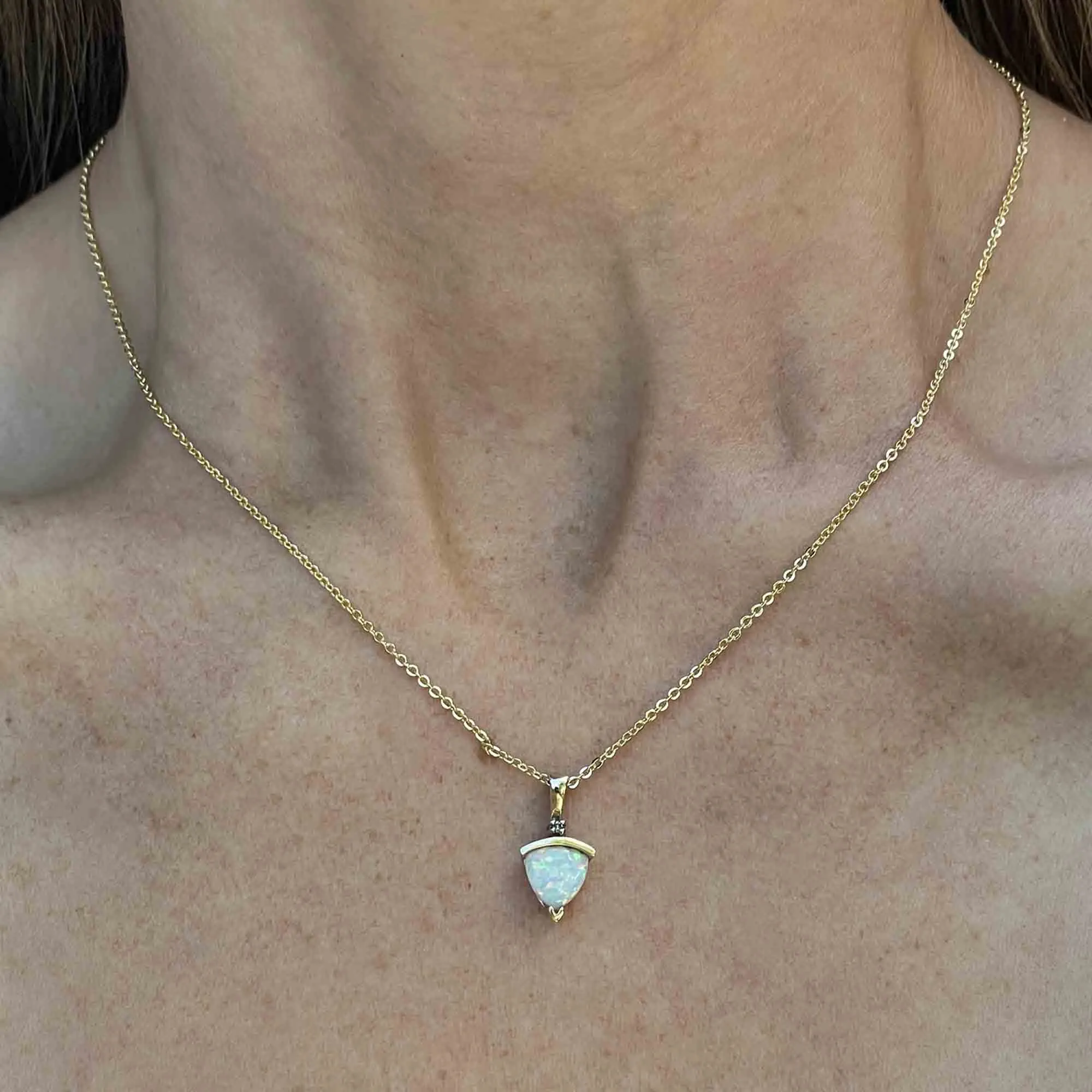 Vintage 10K Gold Trillion Opal Diamond Pendant Necklace