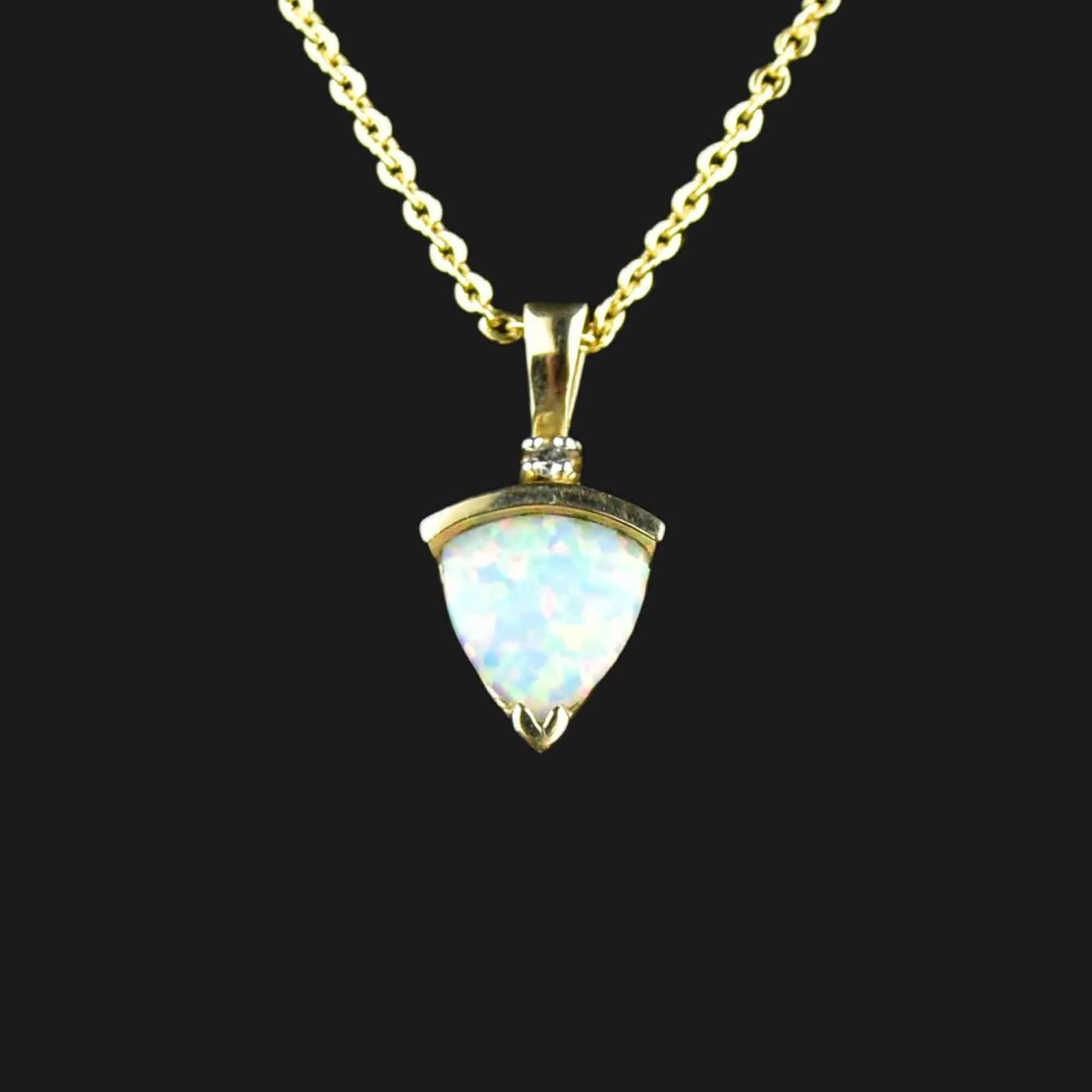 Vintage 10K Gold Trillion Opal Diamond Pendant Necklace