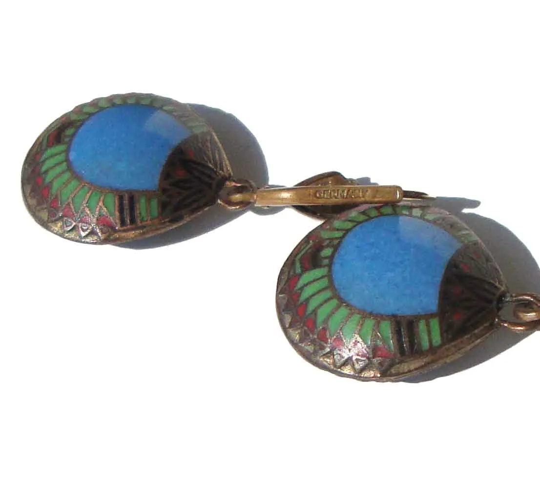 Vintage 30s Cloisonné Scarab Earrings Egyptian Revival Art Deco Drops