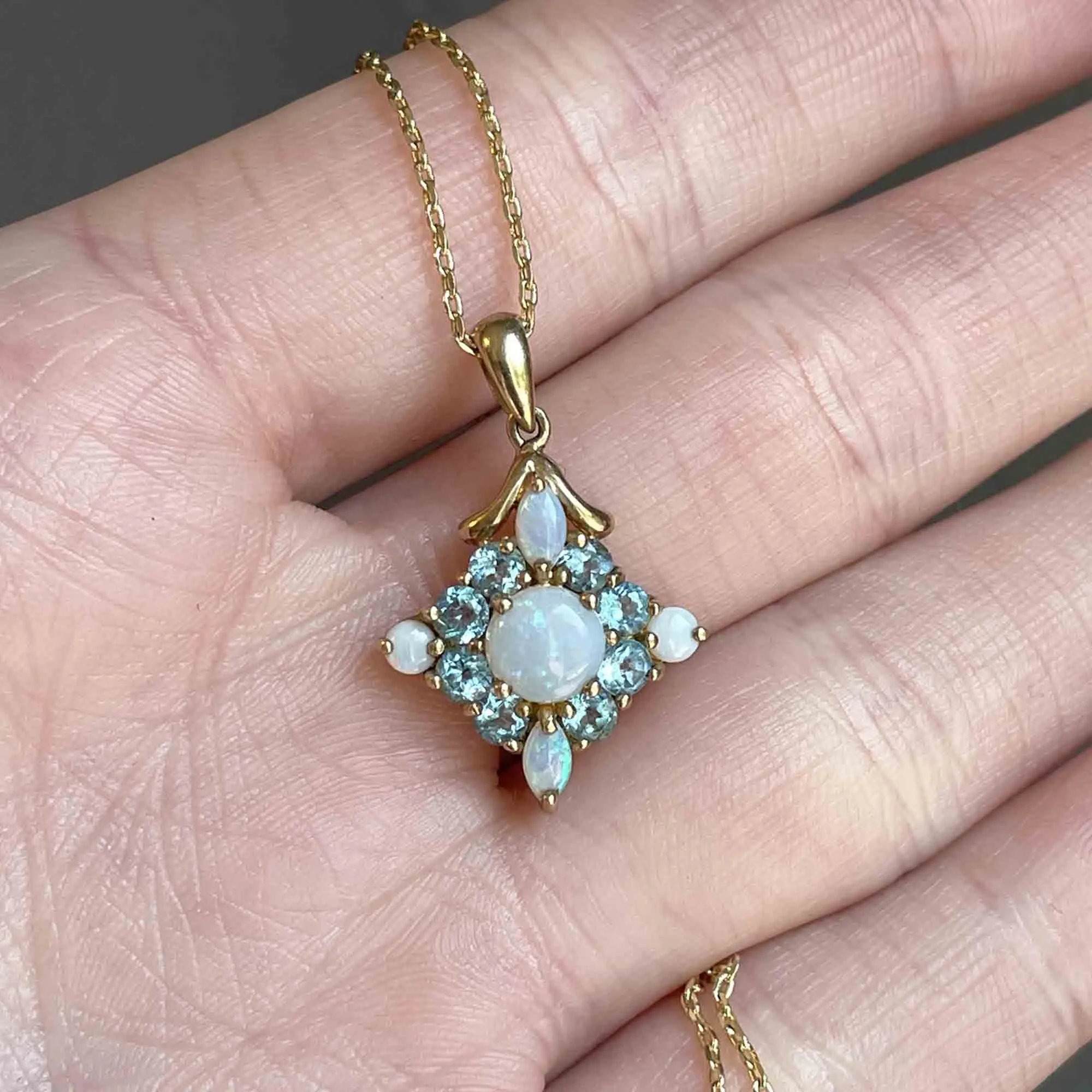 Vintage Blue Topaz Opal Gold Pendant Necklace