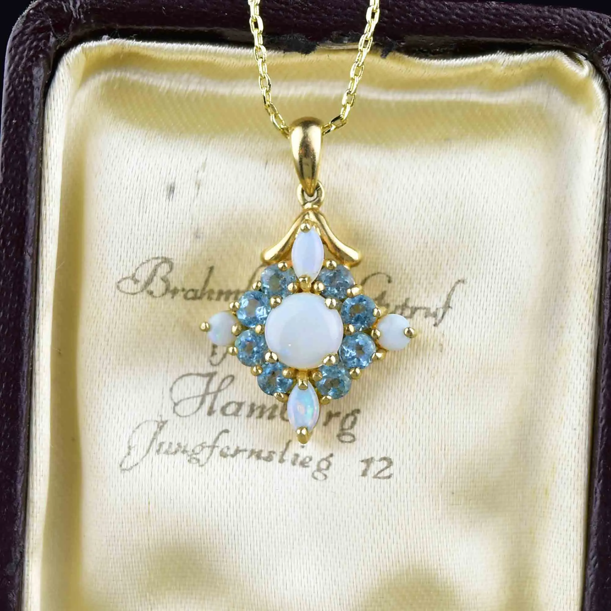 Vintage Blue Topaz Opal Gold Pendant Necklace