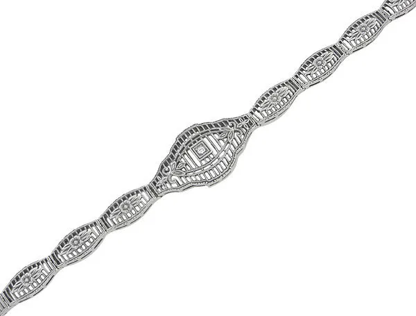 Vintage Style Art Deco Floral Filigree Diamond Bracelet in Sterling Silver