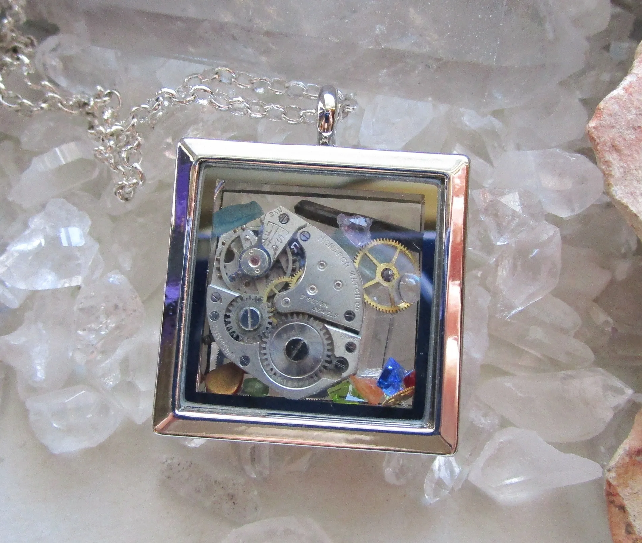 Vintage Watchworks Glass Locket Keepsake Steampunk Pendant Necklace