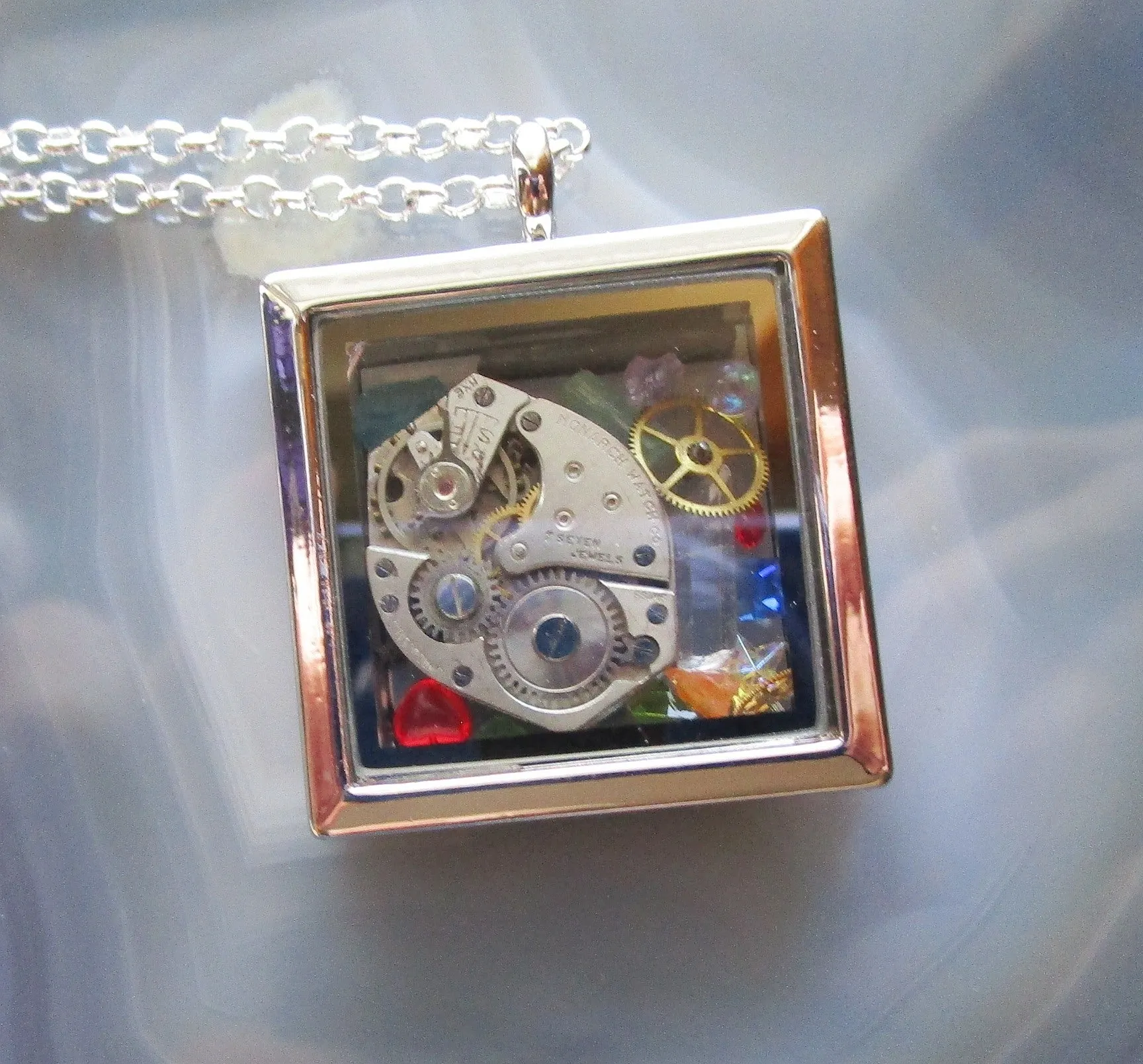 Vintage Watchworks Glass Locket Keepsake Steampunk Pendant Necklace