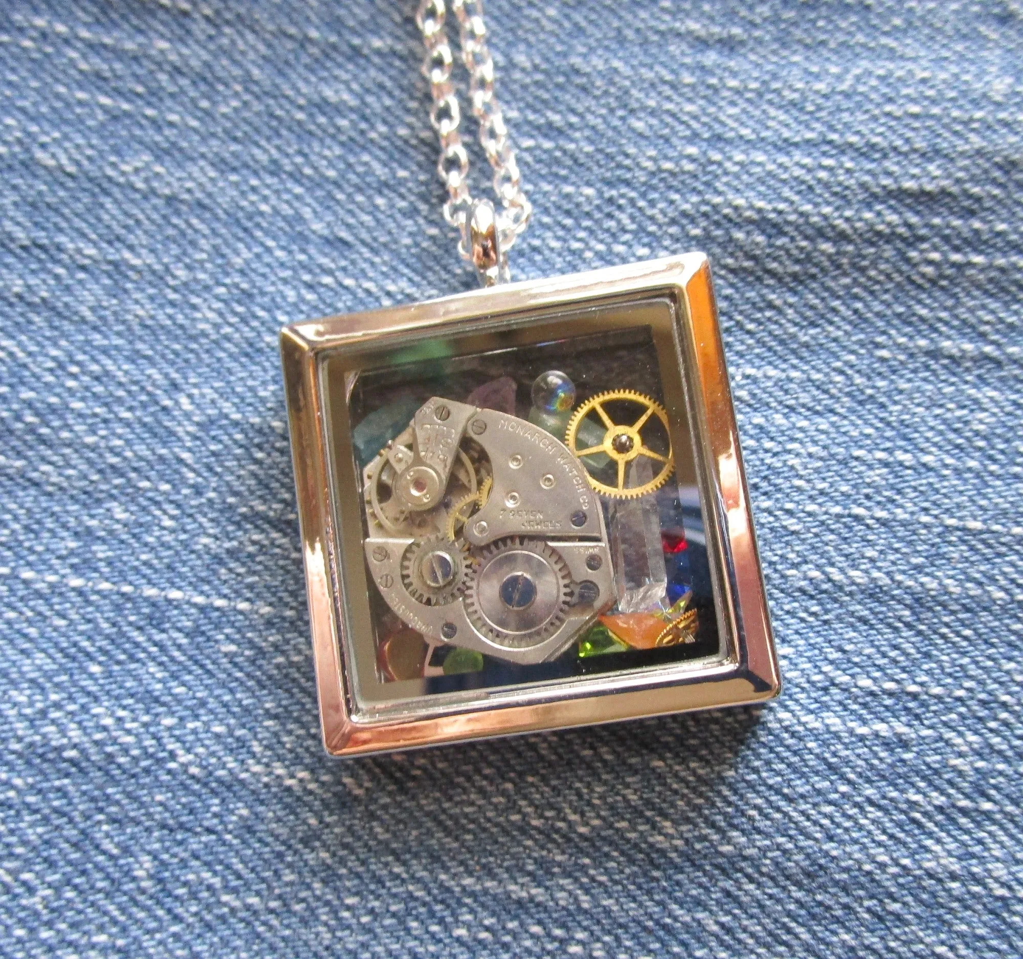 Vintage Watchworks Glass Locket Keepsake Steampunk Pendant Necklace