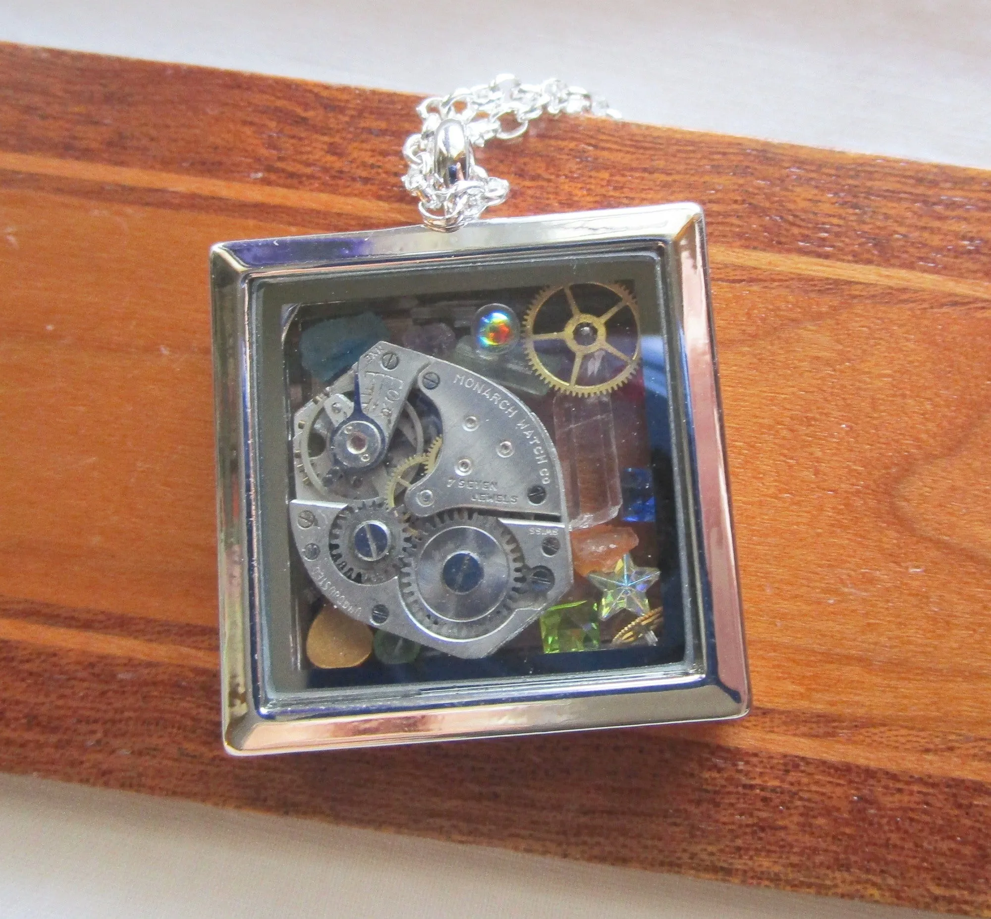 Vintage Watchworks Glass Locket Keepsake Steampunk Pendant Necklace