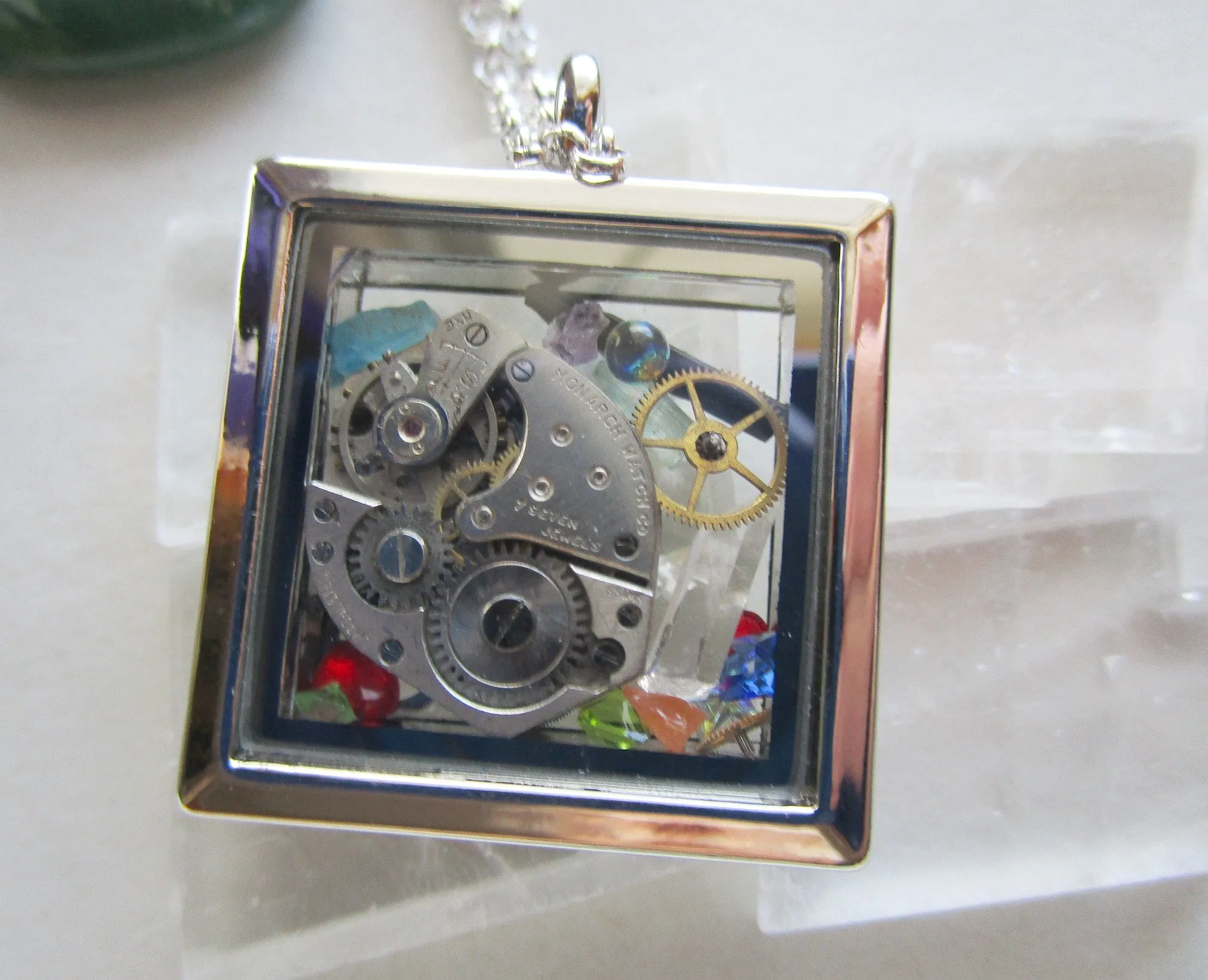 Vintage Watchworks Glass Locket Keepsake Steampunk Pendant Necklace