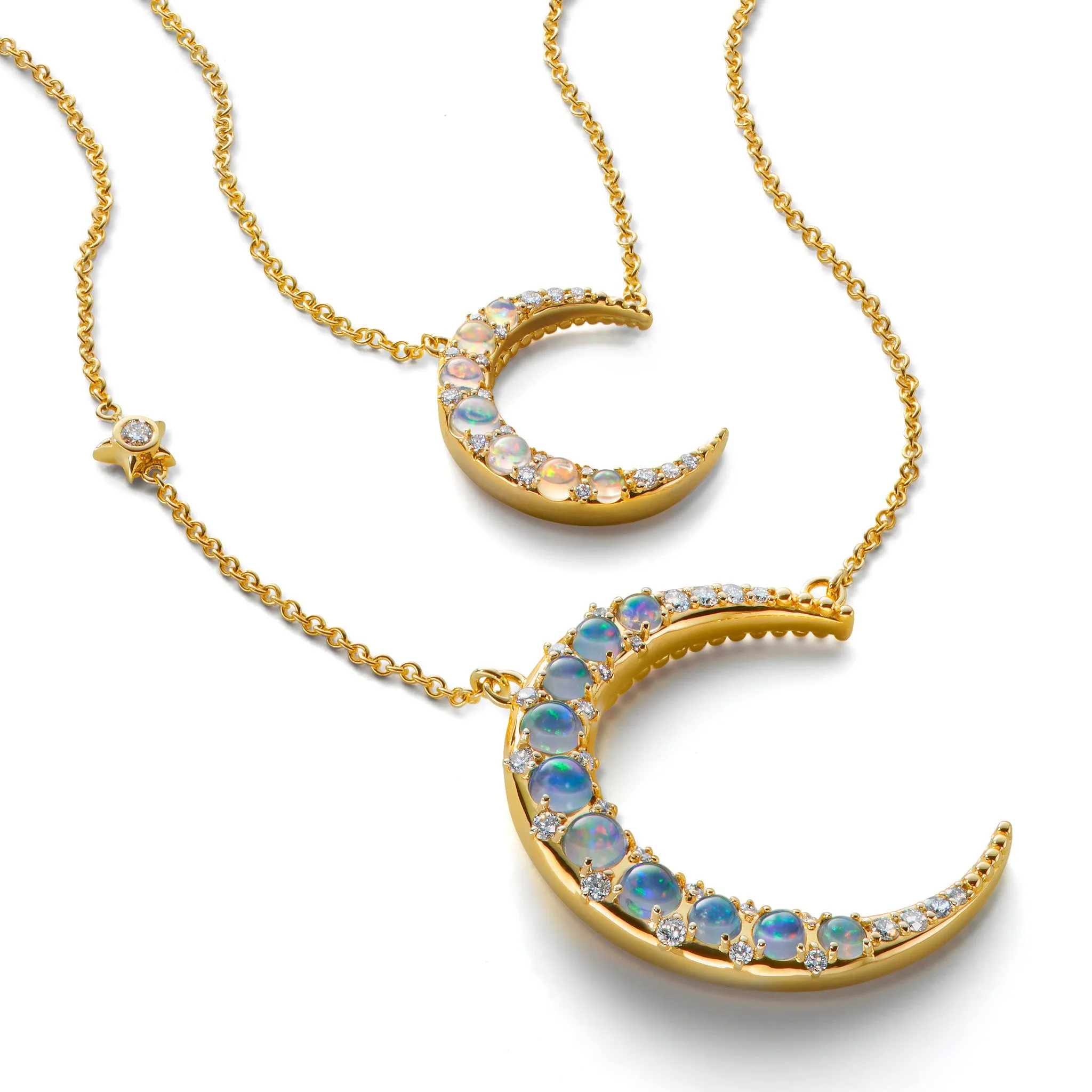 Water Opal Midi Crescent Moon Necklace with Diamonds