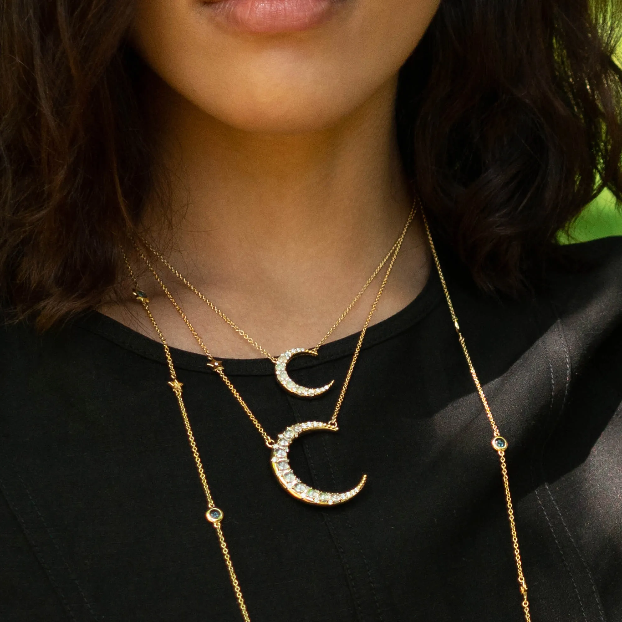 Water Opal Midi Crescent Moon Necklace with Diamonds