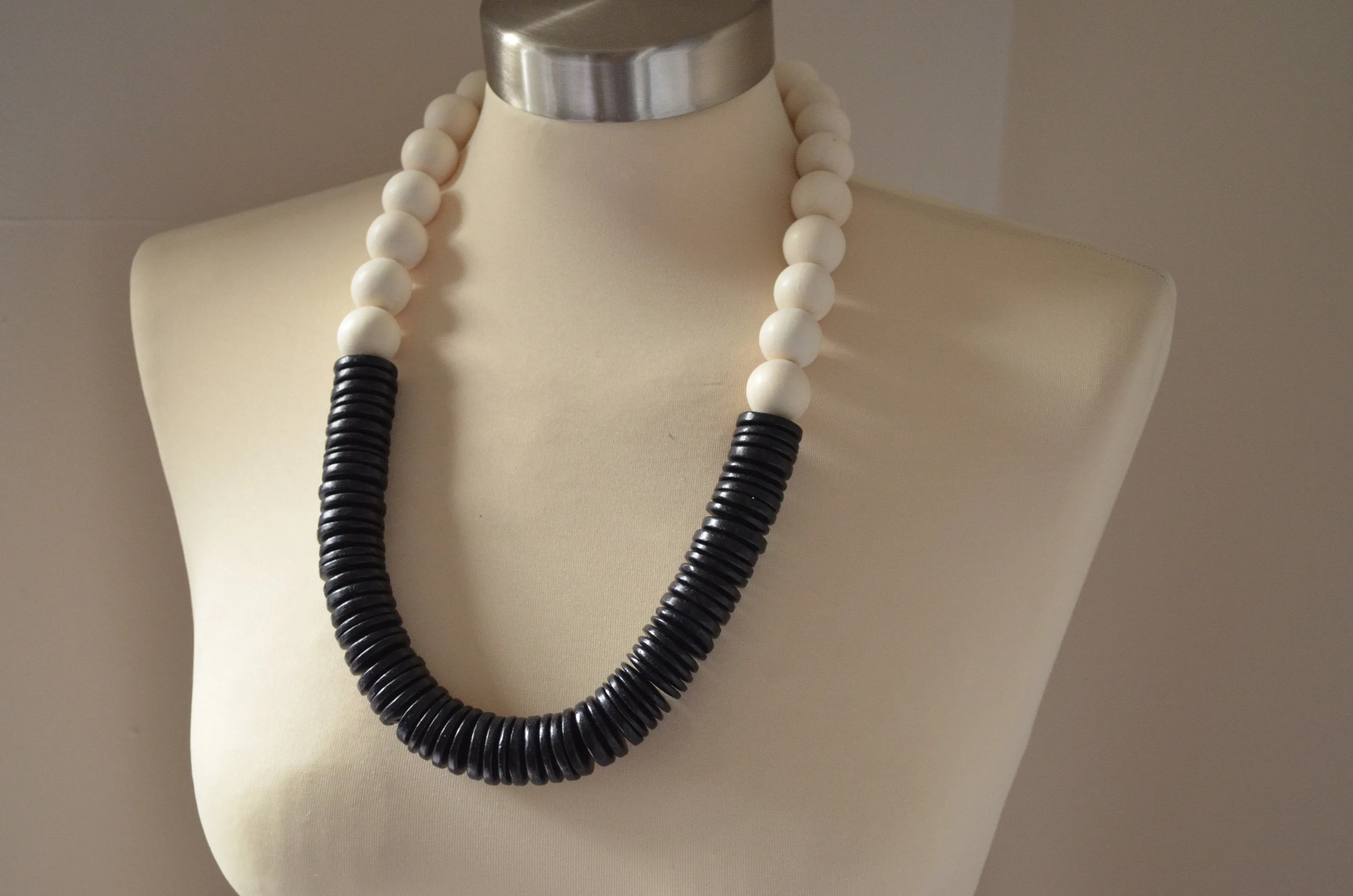 White Black Chunky Wood Beaded Statement Necklace - Elena