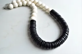 White Black Chunky Wood Beaded Statement Necklace - Elena