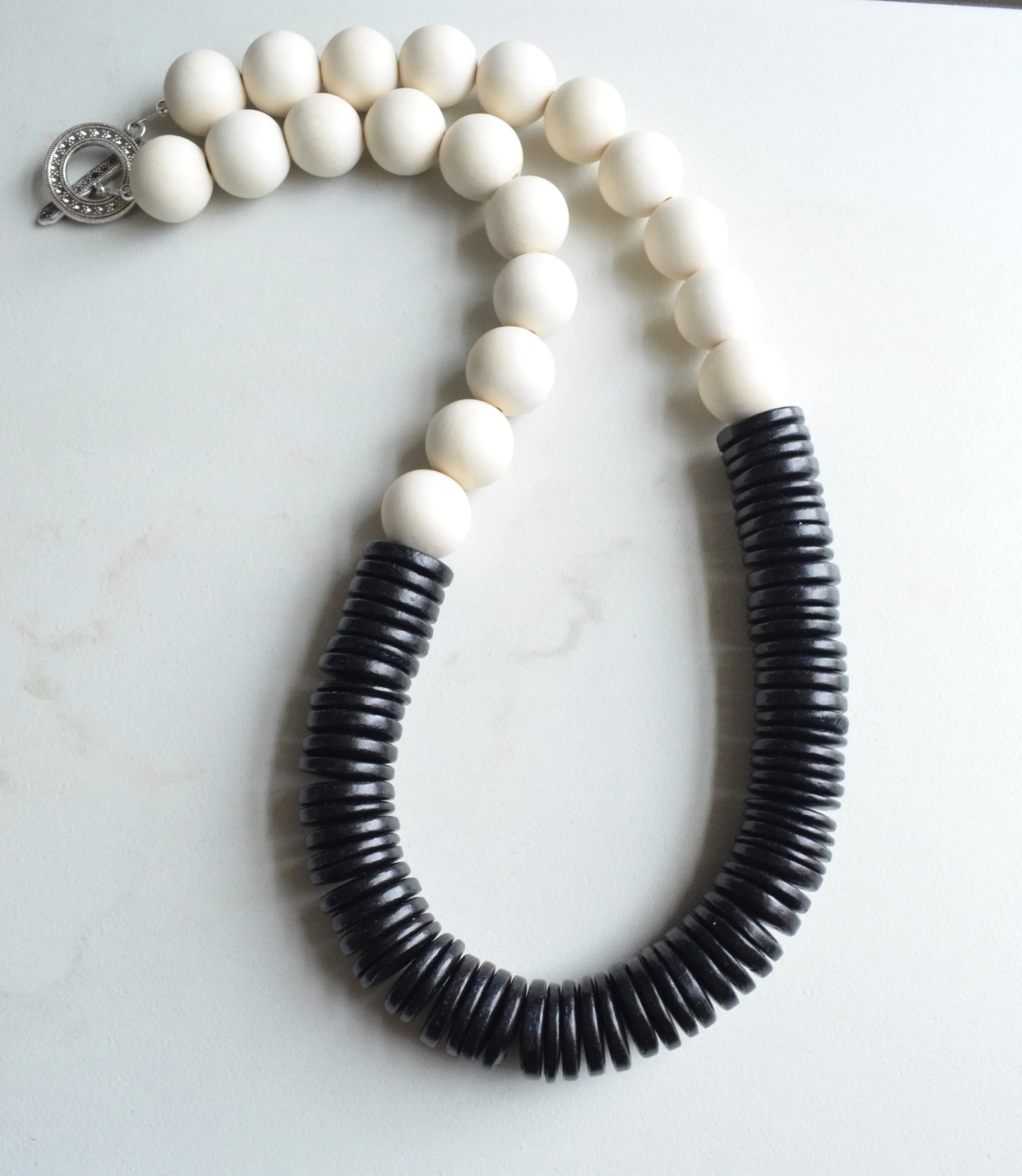 White Black Chunky Wood Beaded Statement Necklace - Elena