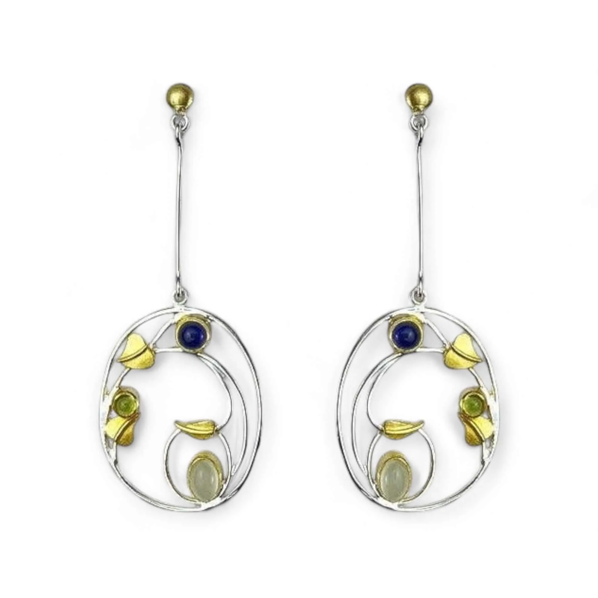 Willowwood - Art Nouveau Inspired Iolite, Moonstone and Peridot Long Earrings