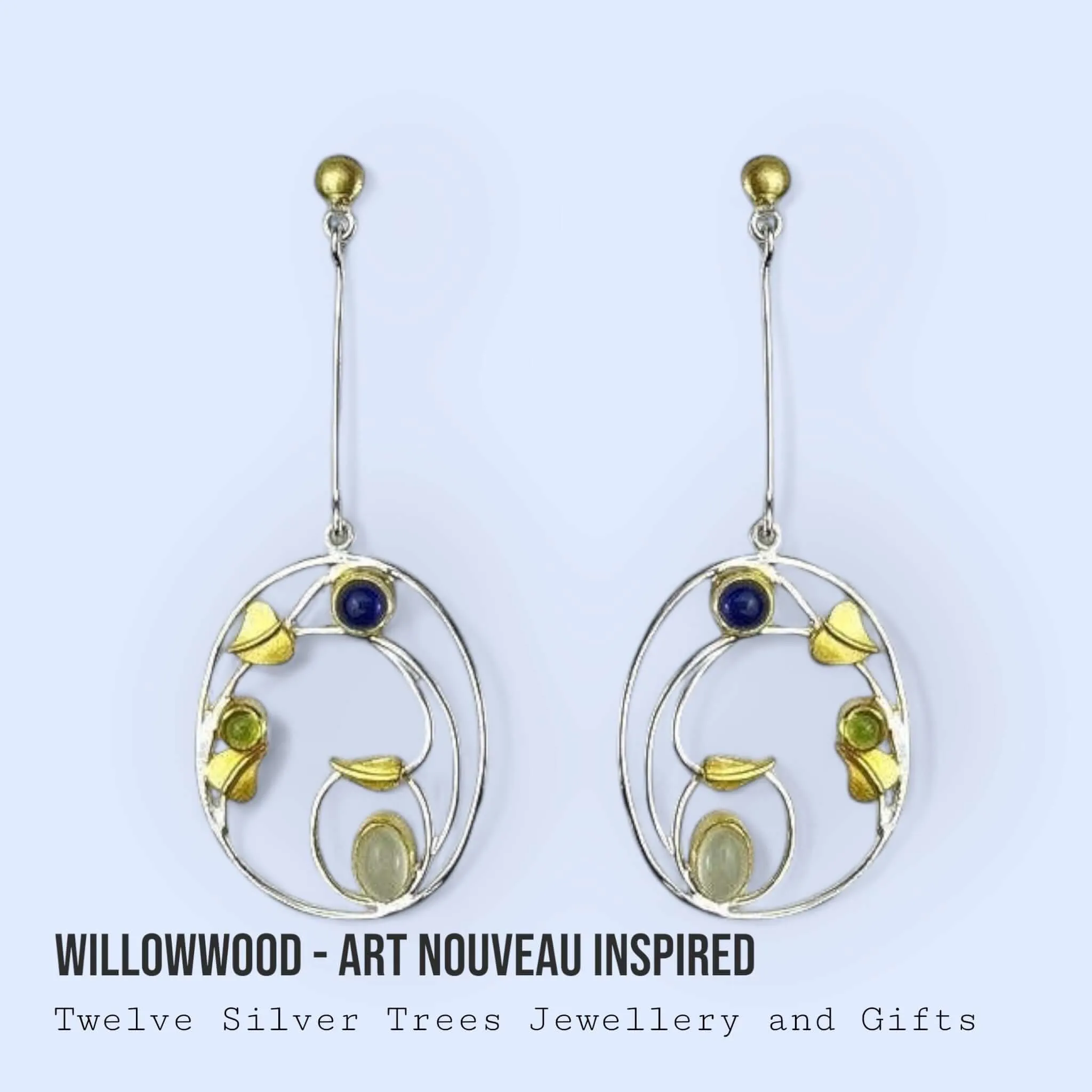 Willowwood - Art Nouveau Inspired Iolite, Moonstone and Peridot Long Earrings