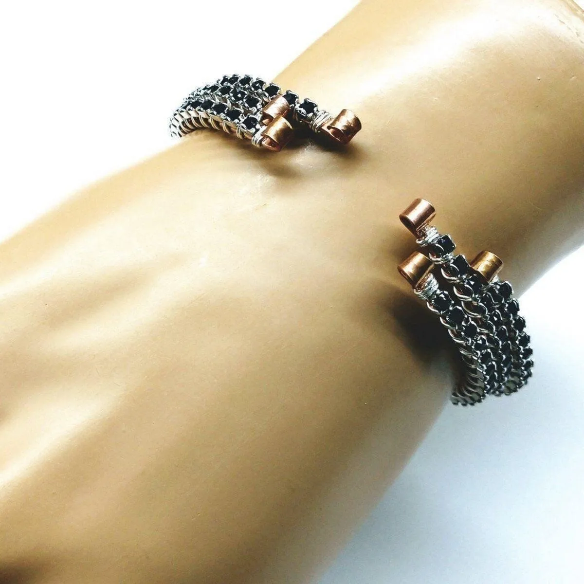 Wire Wrapped Copper Silver Black Crystal Rhinestone Bangle